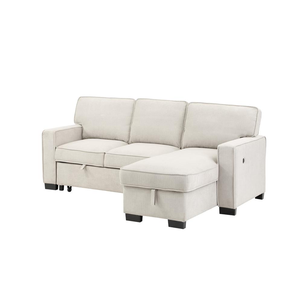 Estelle Beige Fabric Reversible Sleeper Sectional with Storage Chaise Drop-Down Table 2 Cup Holders and 2USB Ports