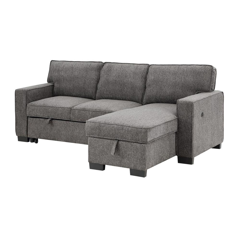 Estelle Dark Gray Fabric Reversible Sleeper Sectional with Storage Chaise Drop-Down Table 2 Cup Holders and 2 USB Ports