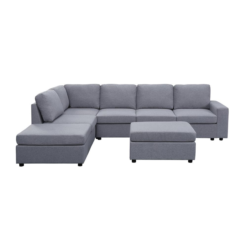 Cassia Light Gray Linen 7 Seat Reversible Modular Sectional Sofa with Ottoman