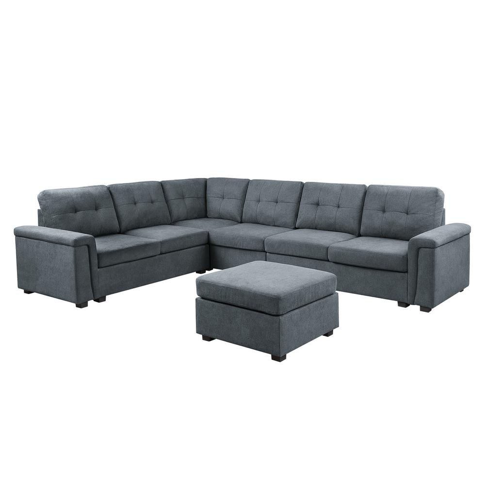 Isla Gray Woven Fabric – 7-Seater Sectional Sofa with Ottoman