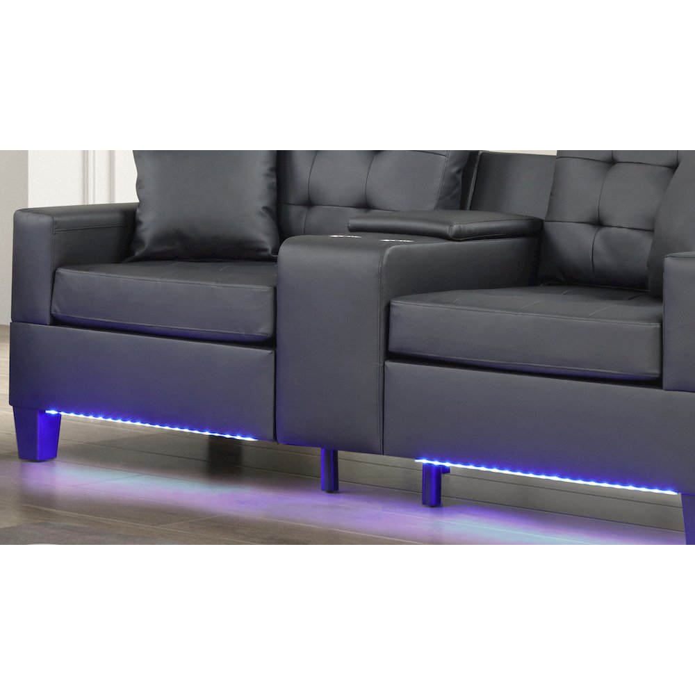 Black PVC Fabric Sofa Loveseat Living Room Set with LED Lights