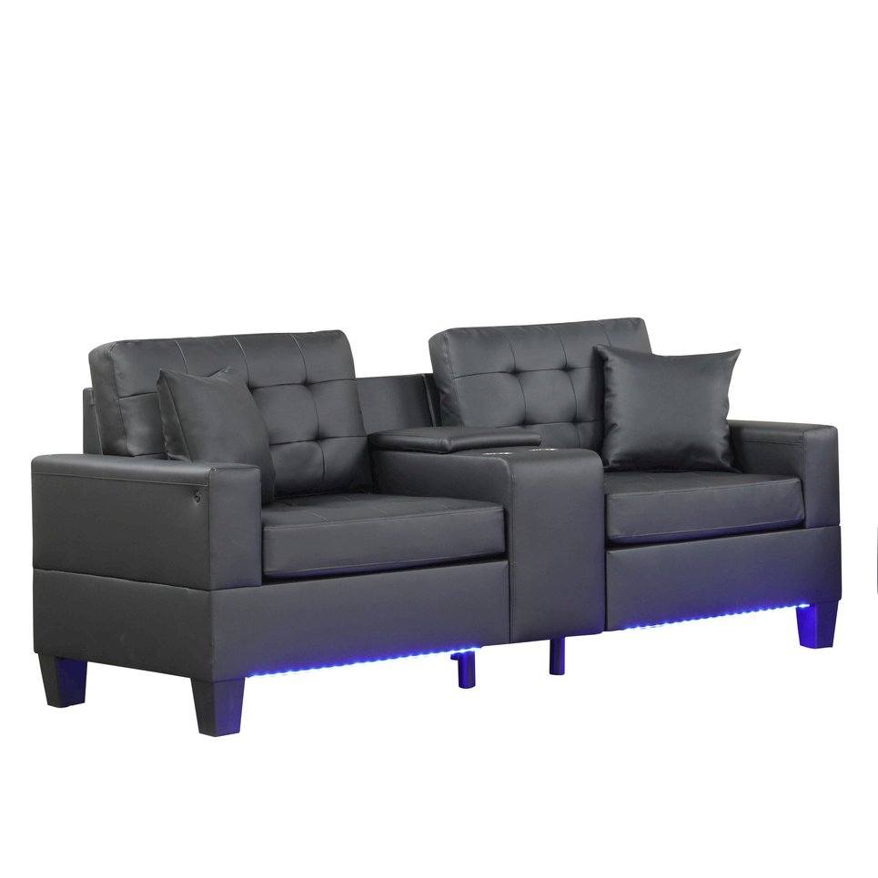 Black PVC Fabric Sofa Loveseat Living Room Set with LED Lights