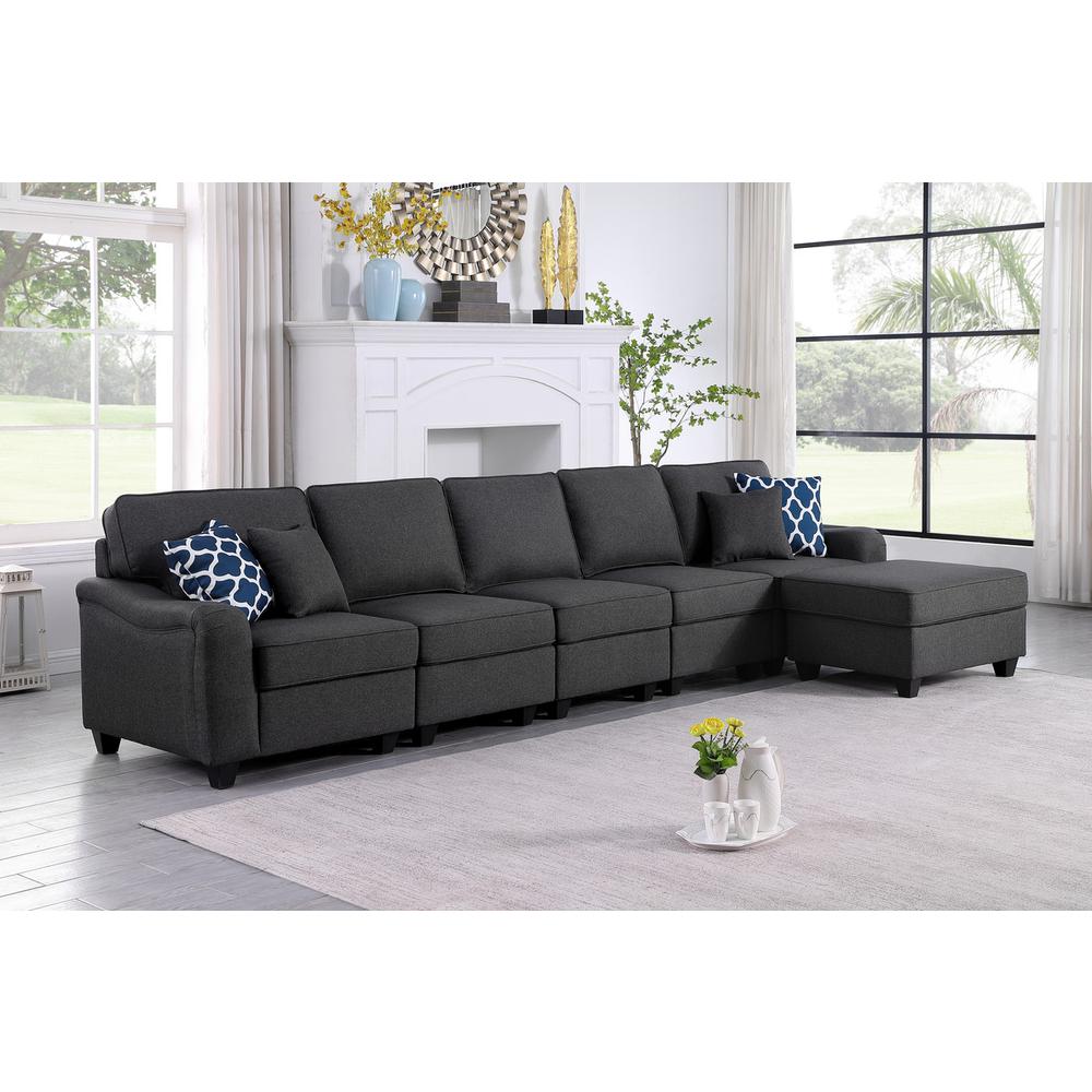 Leo Dark Gray Linen 6 Seater Sofa and Ottoman