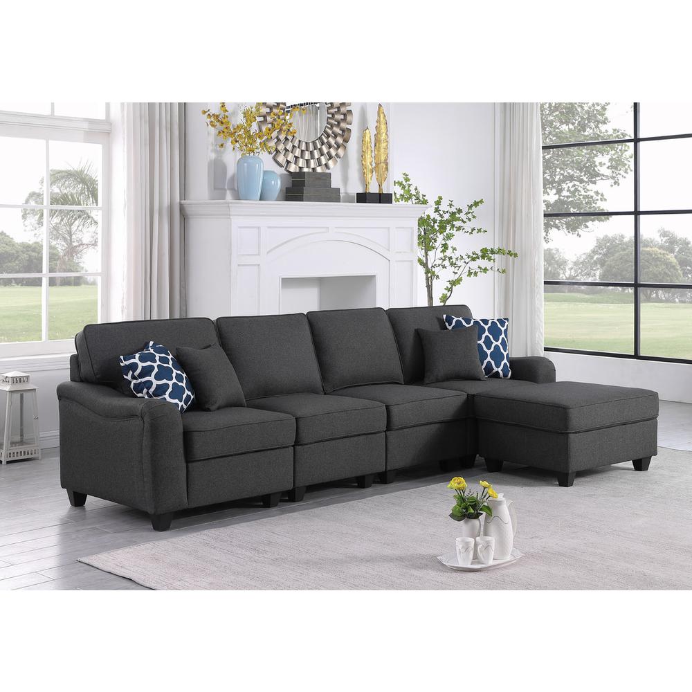 Leo Dark Gray Linen 5 Seater Sofa and Ottoman