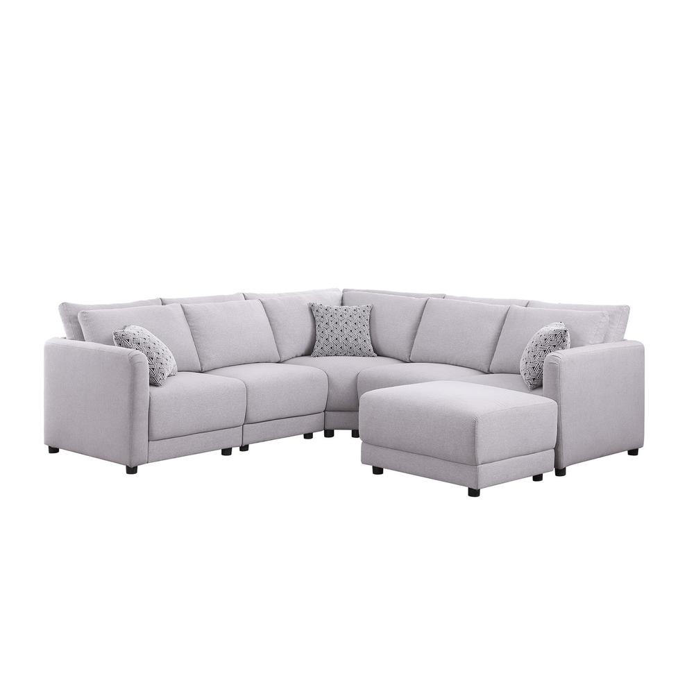 Penelope Light Gray Linen Fabric Reversible L-Shape Sectional Sofa with Ottoman and Pillows