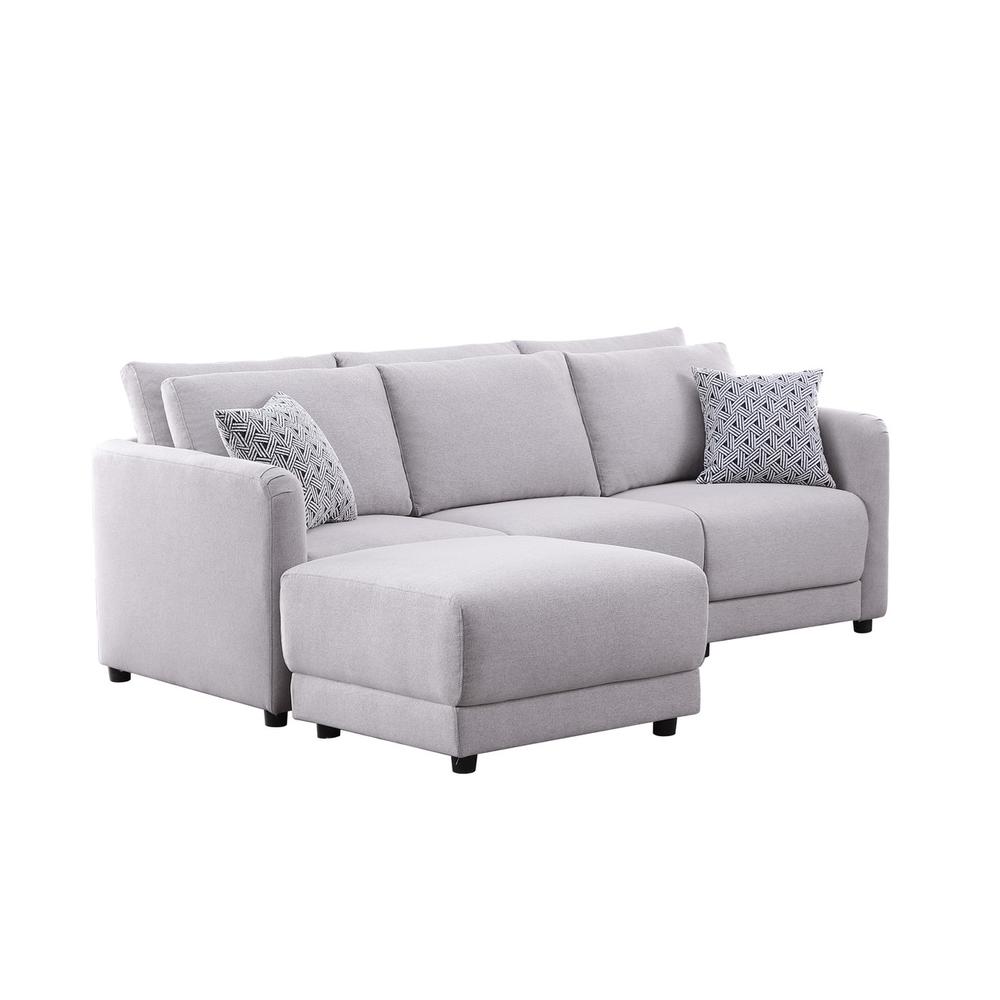 Penelope Light Gray Linen Fabric Sofa with Ottoman and Pillows