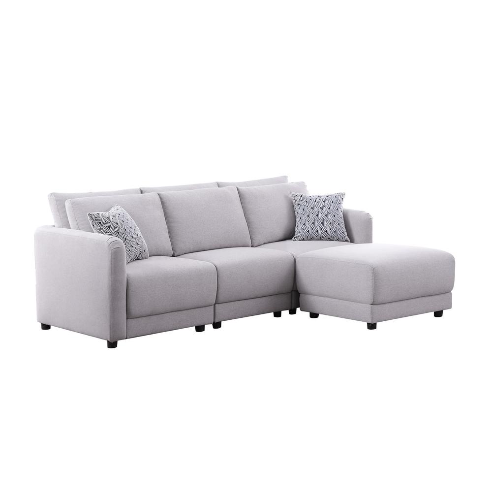 Penelope Light Gray Linen Fabric Sofa with Ottoman and Pillows