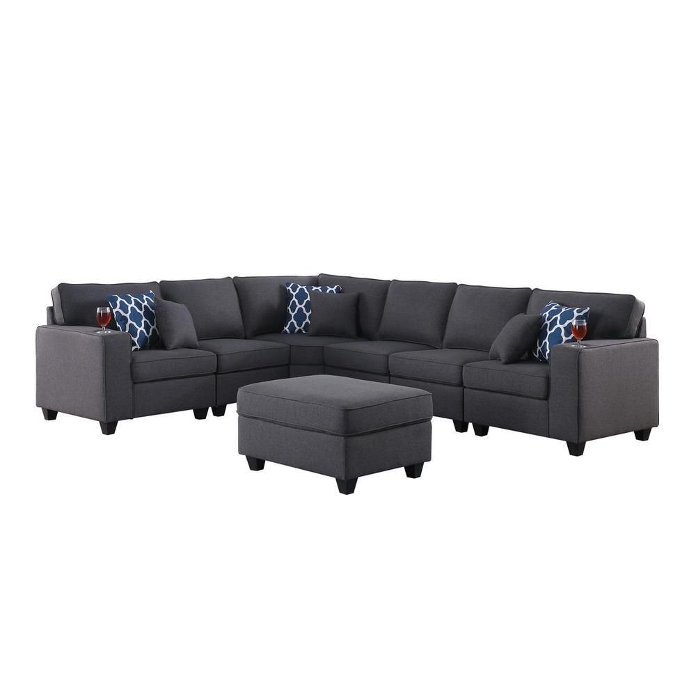 Cooper Dark Gray Linen 7 Pc Reversible L-Shape Sectional Sofa with Ottoman and Cupholder