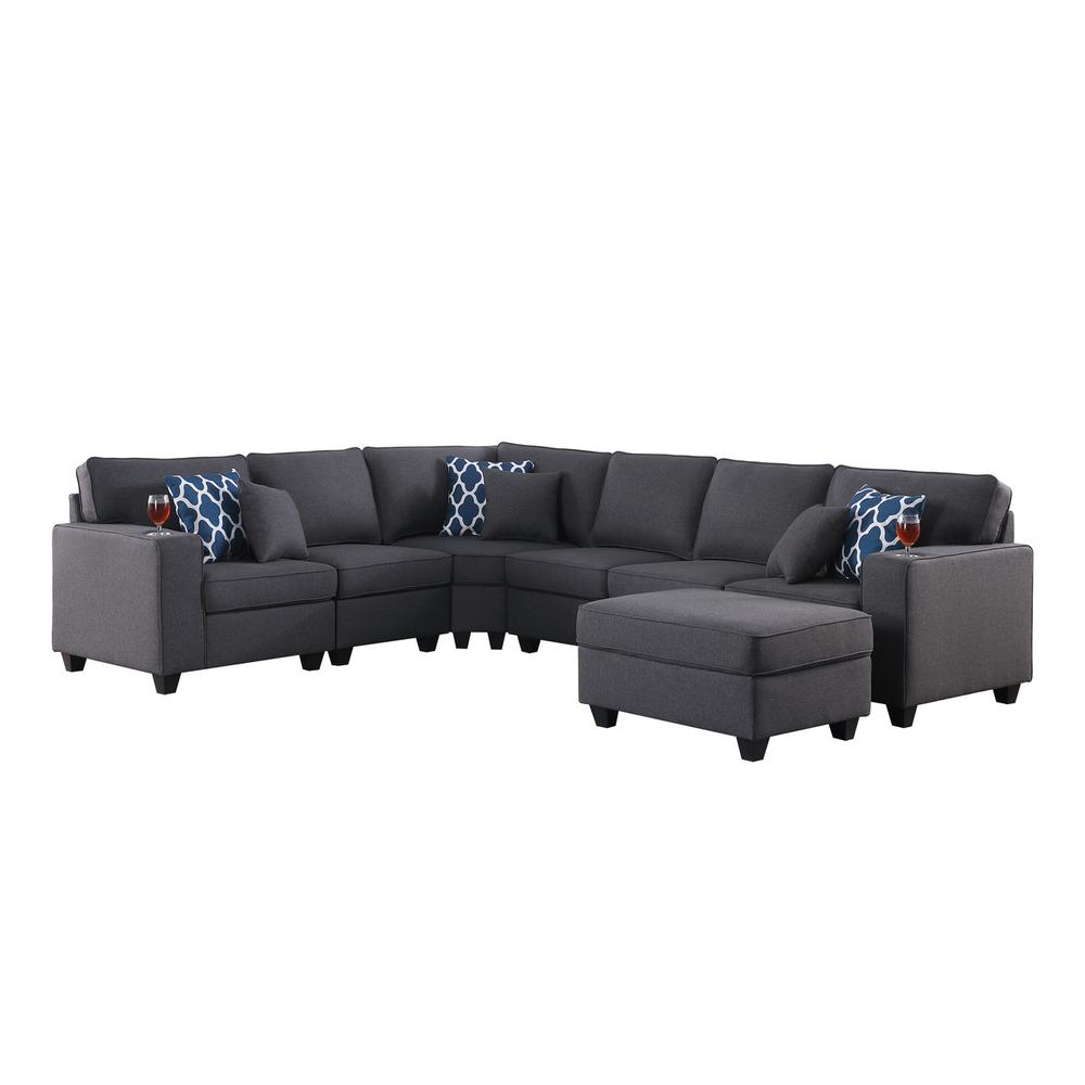 Cooper Dark Gray Linen 7 Pc Reversible L-Shape Sectional Sofa with Ottoman and Cupholder