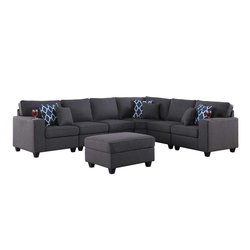 Cooper Dark Gray Linen 7 Pc Reversible L-Shape Sectional Sofa with Ottoman and Cupholder