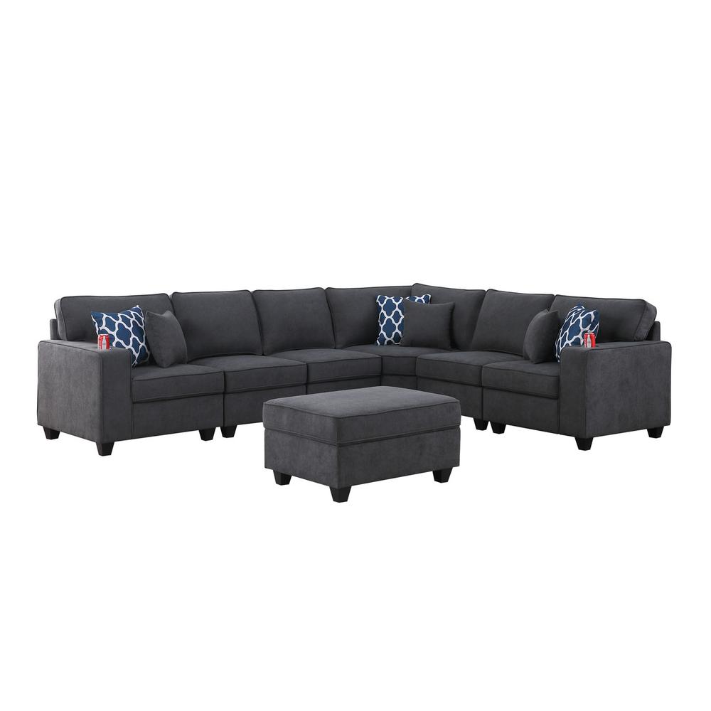 Cooper Stone Gray Woven Fabric 7 Pc Reversible L-Shape Sectional Sofa with Ottoman & Cupholder