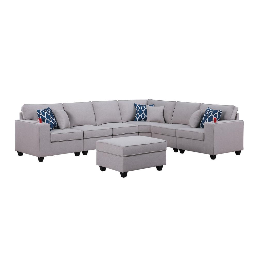 Cooper Light Gray Linen 7-Pc Reversible L-Shape Sectional Sofa with Ottoman and Cupholder