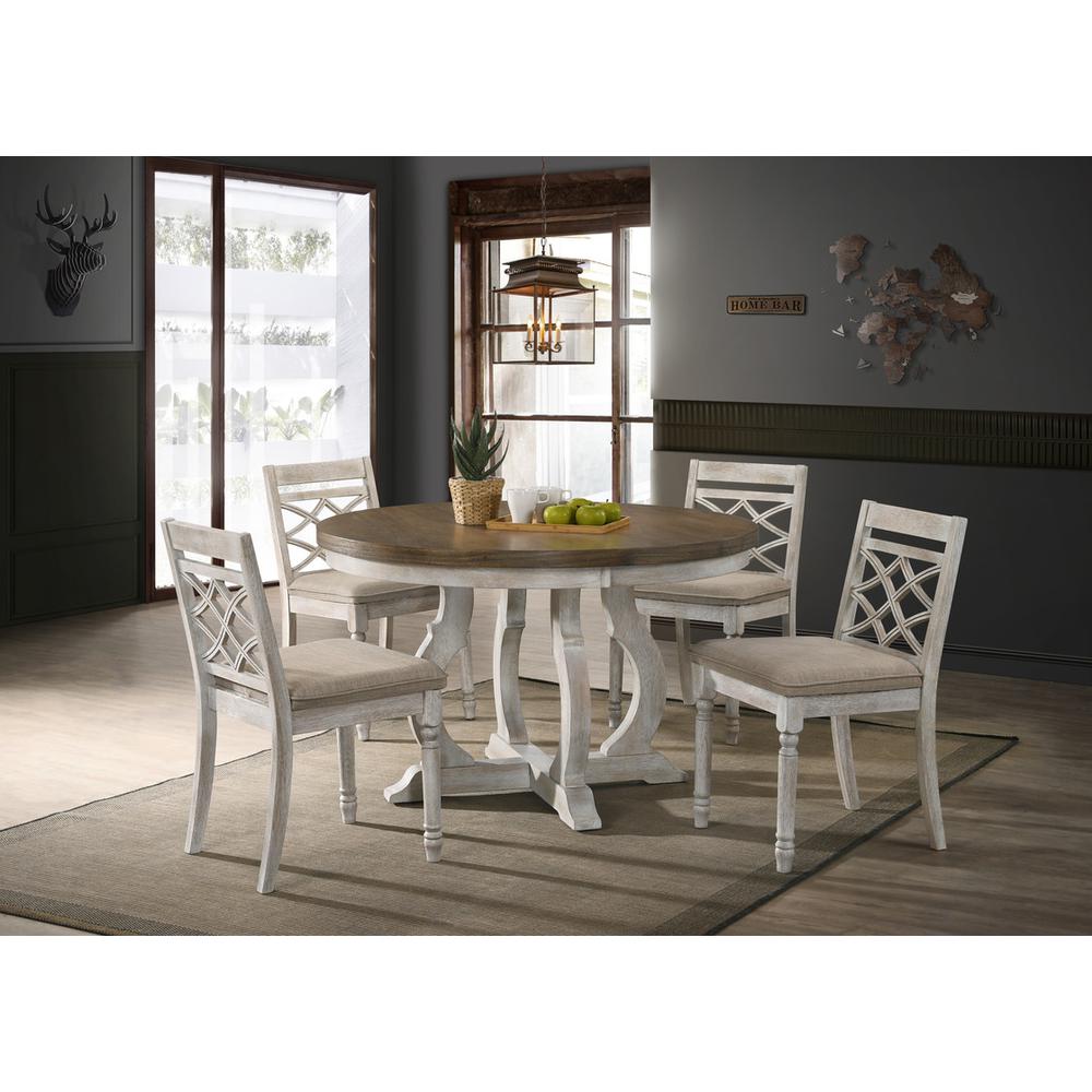 Havanna Vintage Walnut 5 Piece 47″ Wide Contemporary Round Dining Table Set with Off White Fabric Chairs