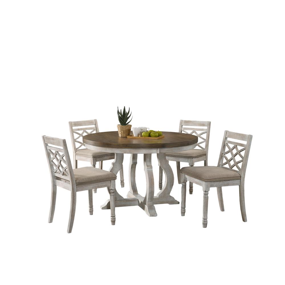 Havanna Vintage Walnut 5 Piece 47″ Wide Contemporary Round Dining Table Set with Off White Fabric Chairs