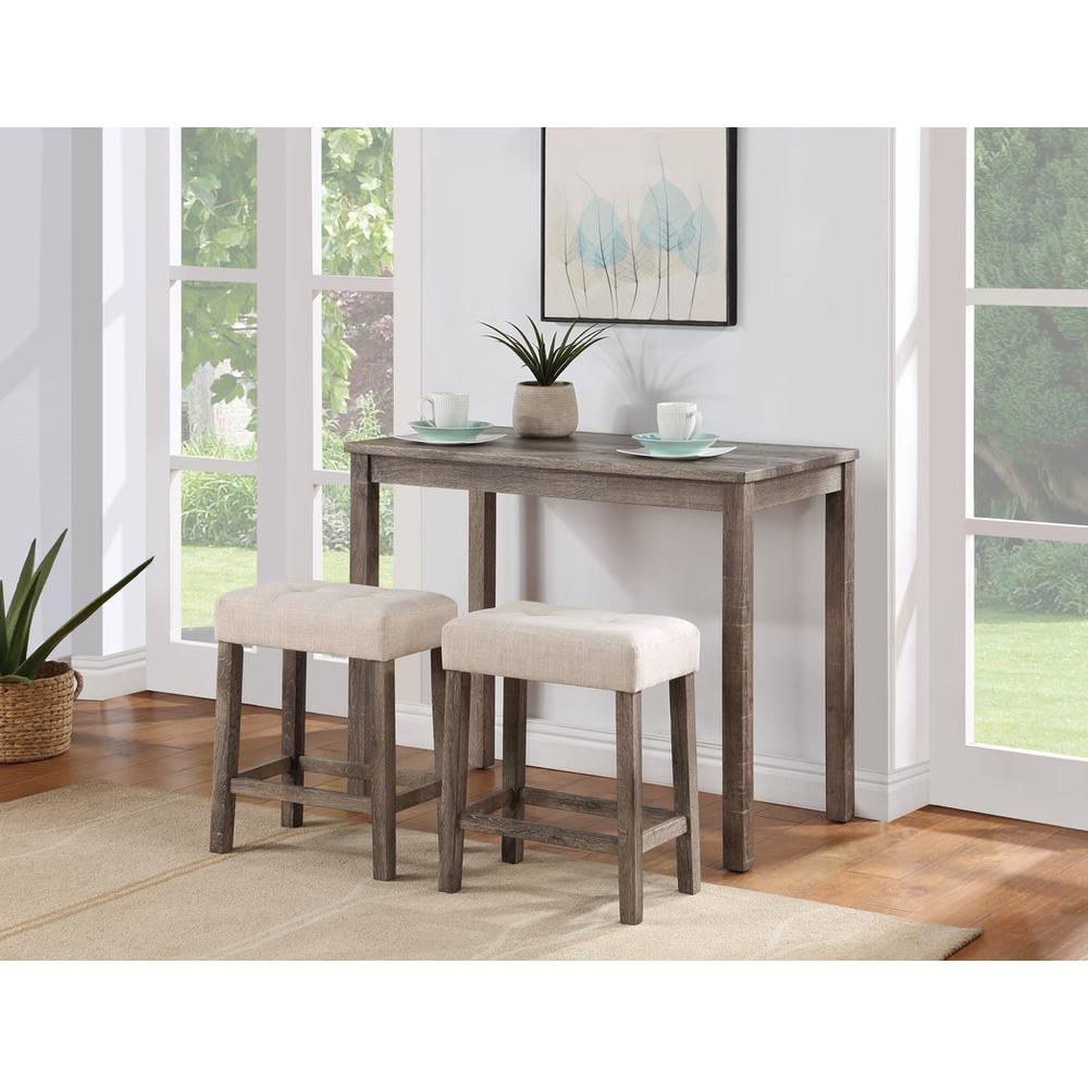 Lux Brown 3 Piece Counter Height 36″ Pub Table Set with Tufted Creamy White Linen Stools