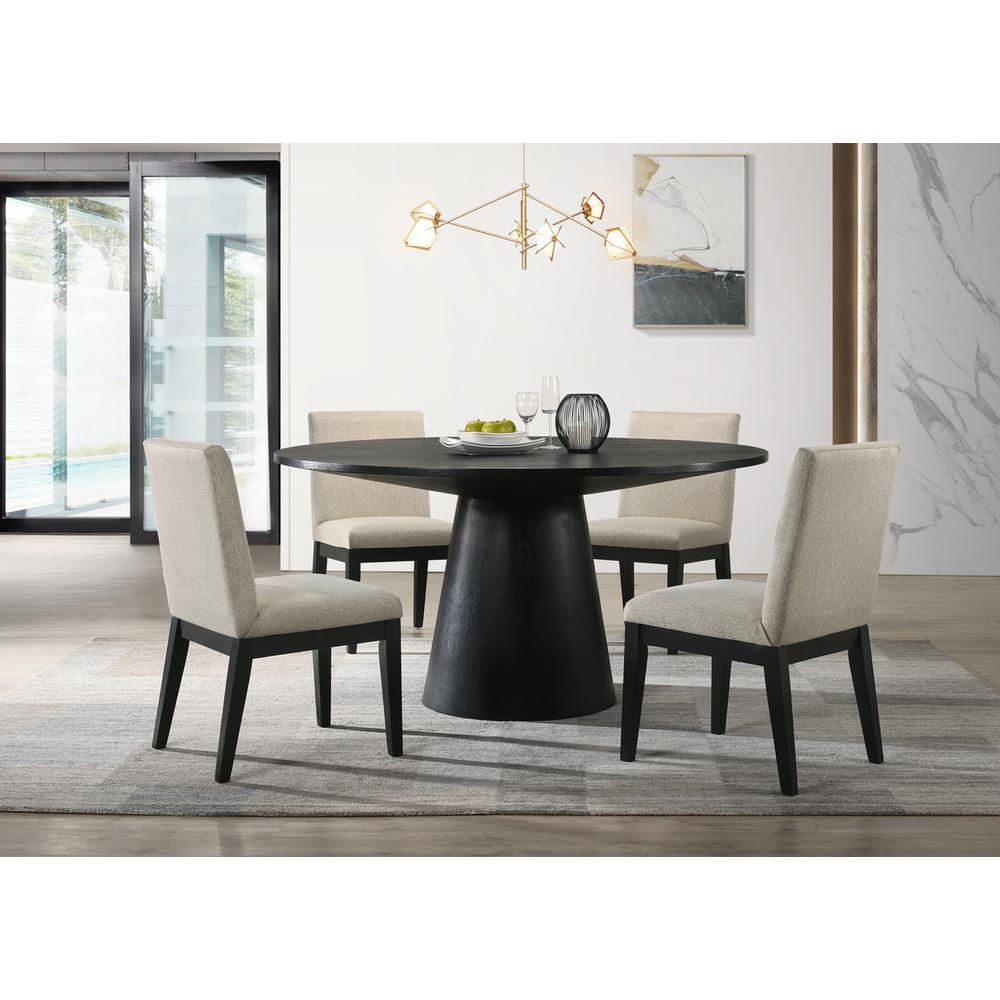 Jasper Ebony Black 5 Piece 59″ Wide Contemporary Round Dining Table Set with Beige Fabric Chairs
