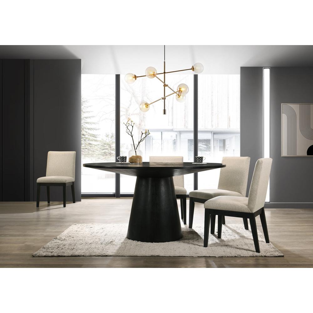 Jasper Ebony Black 5 Piece 59″ Wide Contemporary Round Dining Table Set with Beige Fabric Chairs