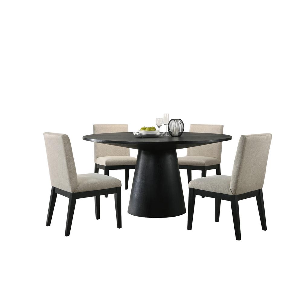Jasper Ebony Black 5 Piece 59″ Wide Contemporary Round Dining Table Set with Beige Fabric Chairs