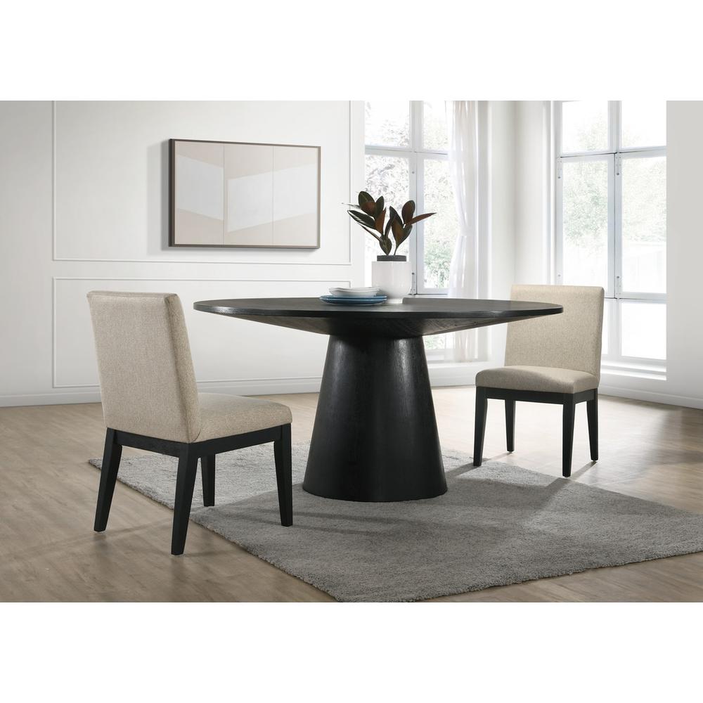 Jasper Ebony Black 3 Piece 59″ Wide Contemporary Round Dining Table Set with Beige Fabric Chairs