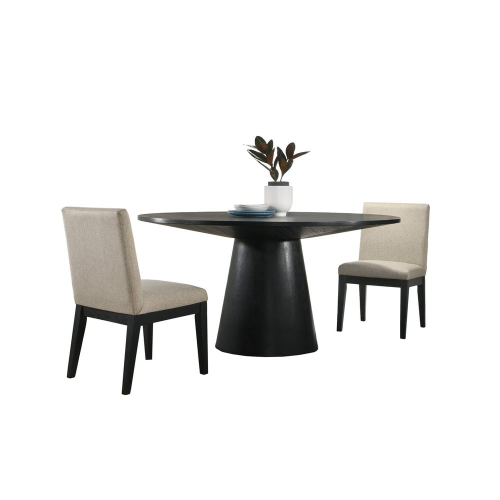 Jasper Ebony Black 3 Piece 59″ Wide Contemporary Round Dining Table Set with Beige Fabric Chairs