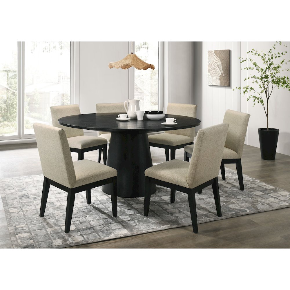 Jasper Ebony Black 7 Piece 59″W Round Dining Table Set with Beige Fabric Chairs