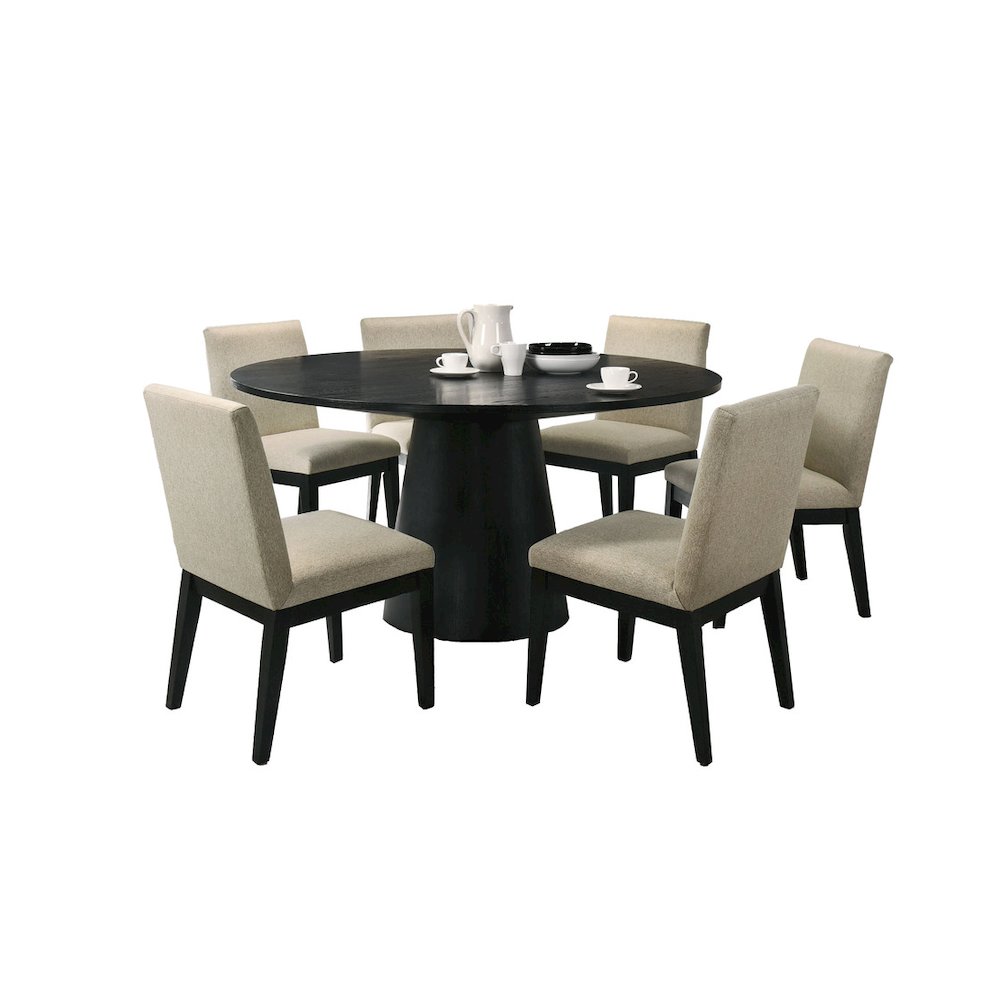 Jasper Ebony Black 7 Piece 59″W Round Dining Table Set with Beige Fabric Chairs