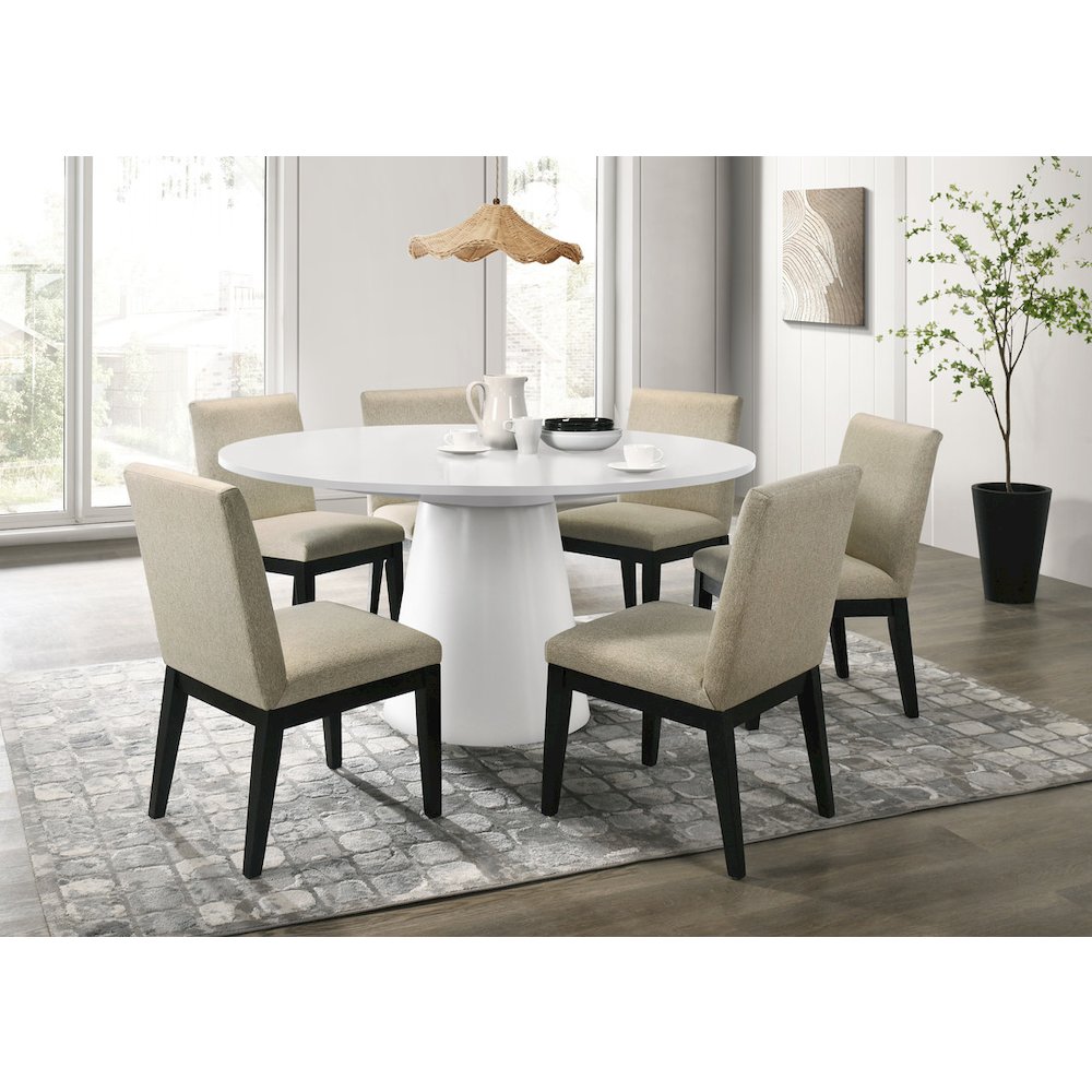Jasper White 7 Piece 59″W Round Dining Table Set with Black Finish Chairs