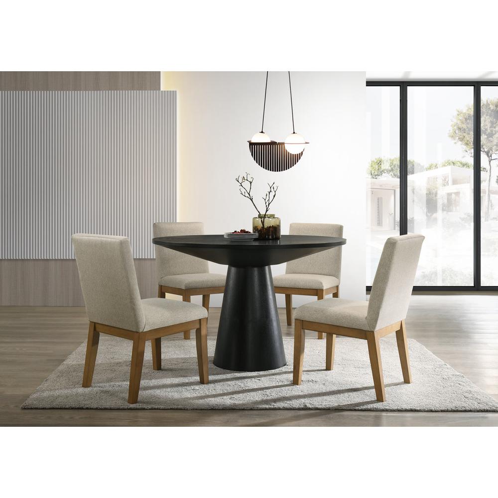Ebony Black 5 Piece Contemporary Round Dining Table Set and Beige Fabric Chairs