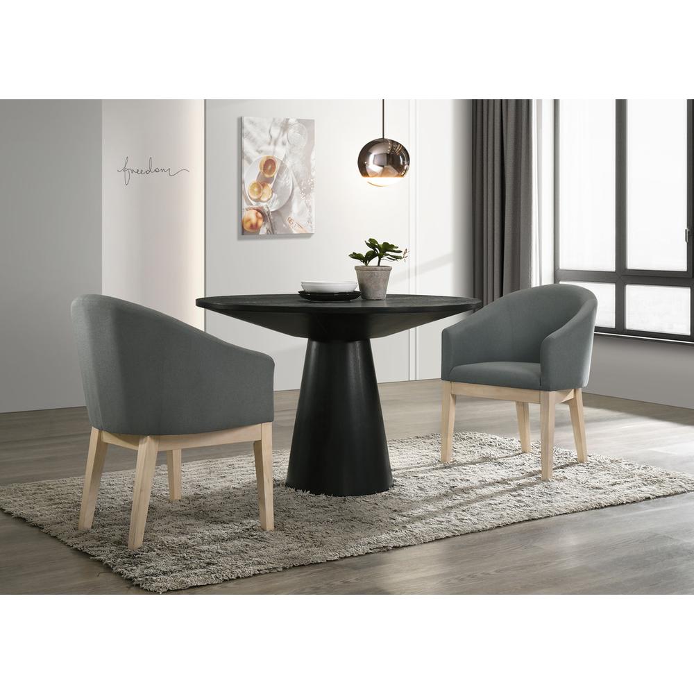 Jasper Ebony Black 3 Piece 47″ Round Dining Table Set with Gray Barrel Chairs