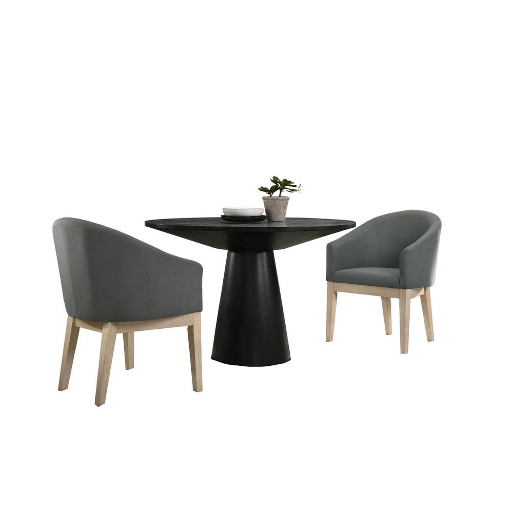 Jasper Ebony Black 3 Piece 47″ Round Dining Table Set with Gray Barrel Chairs