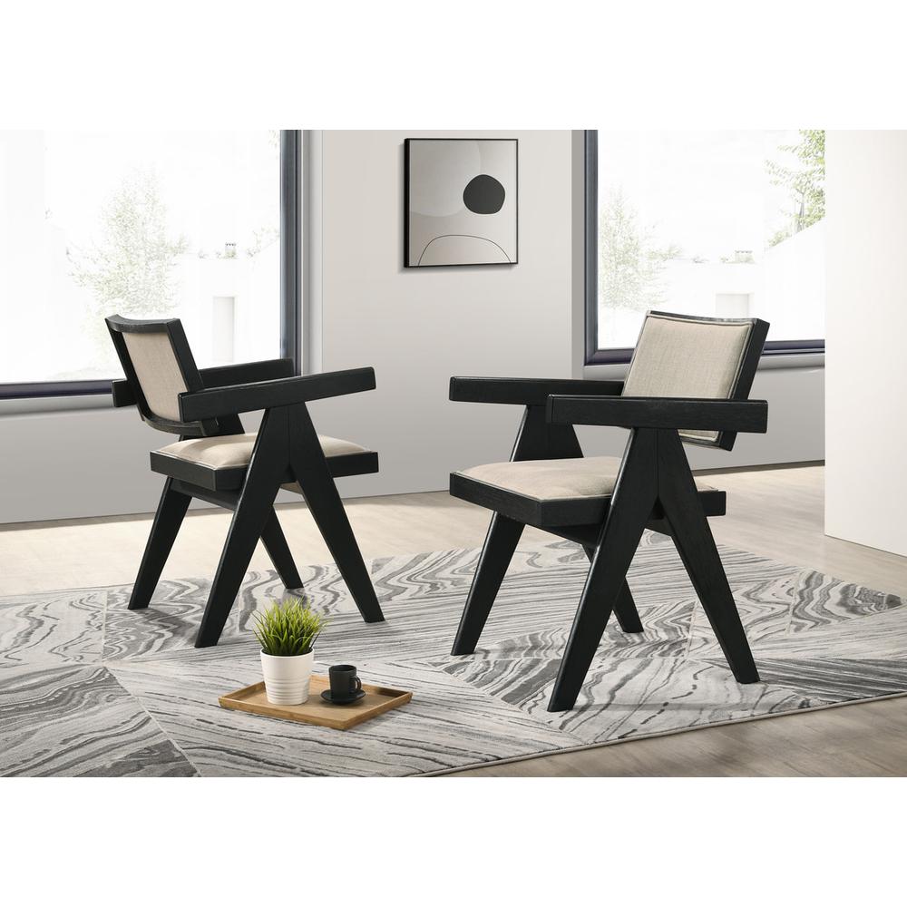 Jasper 21″W Set of 2 Ebony Black Dining Arm Chairs with Beige Upholstered Seat