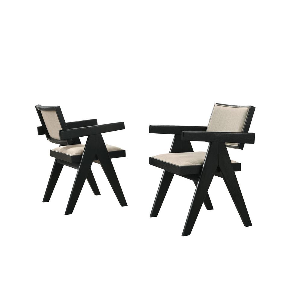 Jasper 21″W Set of 2 Ebony Black Dining Arm Chairs with Beige Upholstered Seat