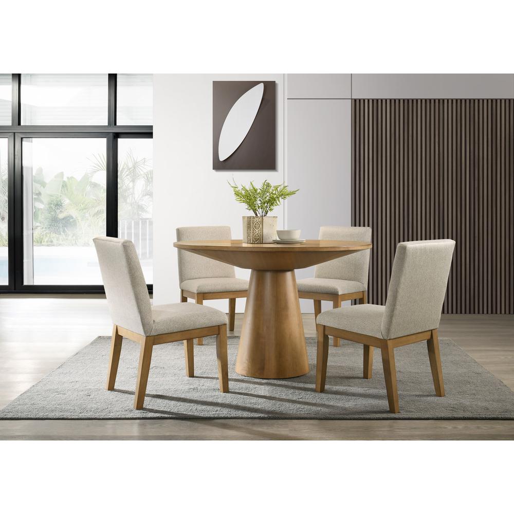 5 Piece Contemporary Round Dining Table Set and Beige Fabric Chairs