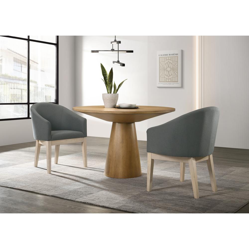 Driftwood Finish 3 Piece 47″ Round Dining Table Set with Gray Barrel Chairs