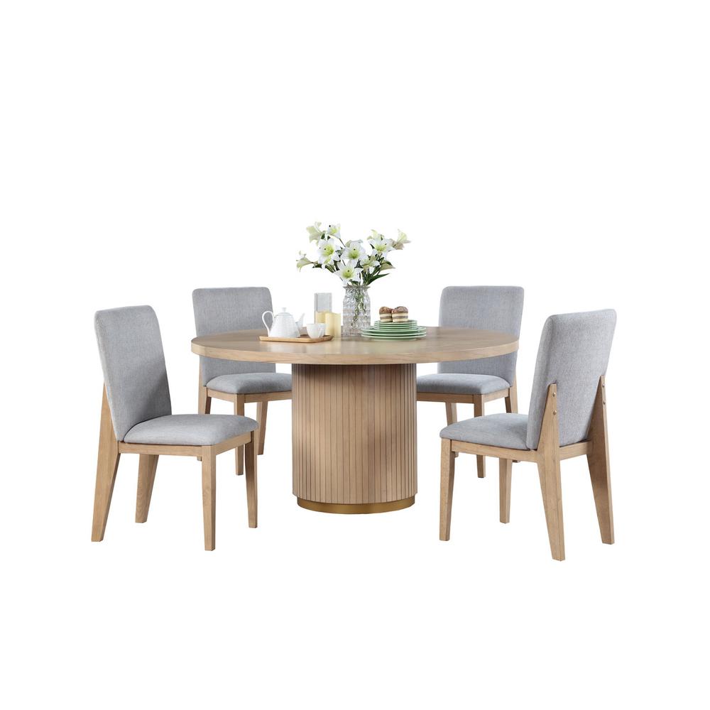 Caspian 5 Piece 59″ Round Oak Finish Dining Table Set with Gray Chairs