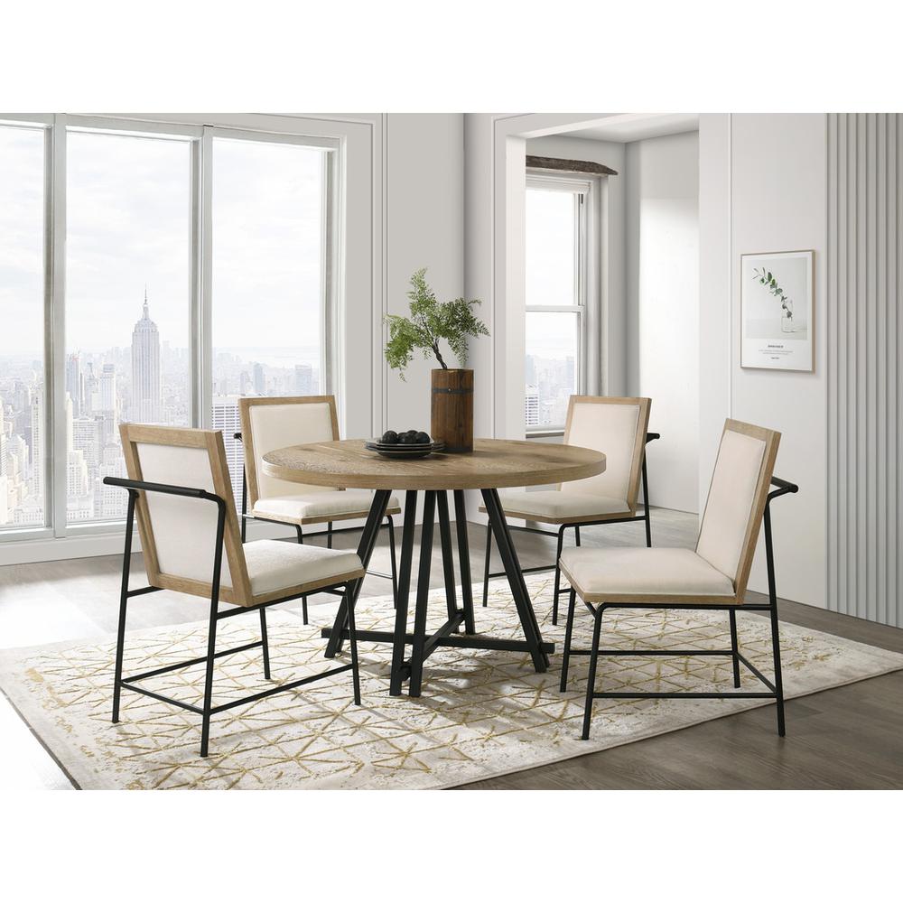 Tate Oak Finish 47″ Round Dining Table Set with Cream Color Upholstered Chairs