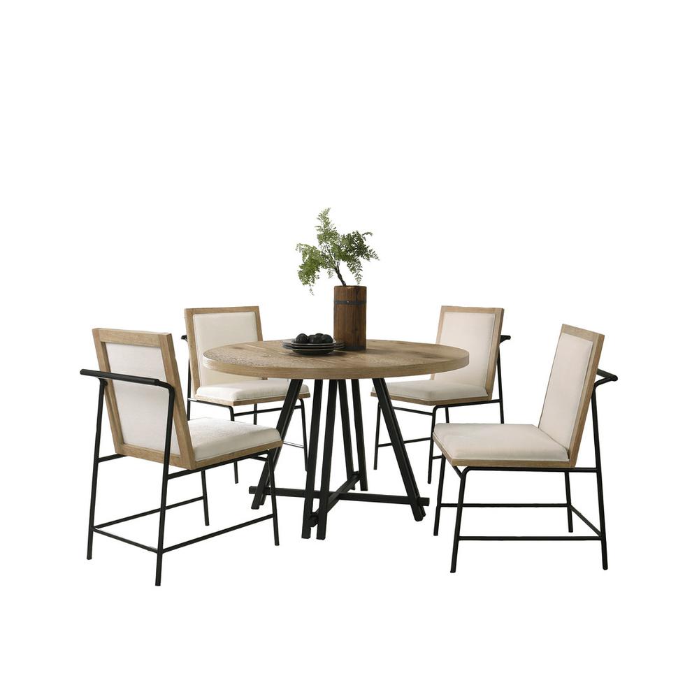 Tate Oak Finish 47″ Round Dining Table Set with Cream Color Upholstered Chairs