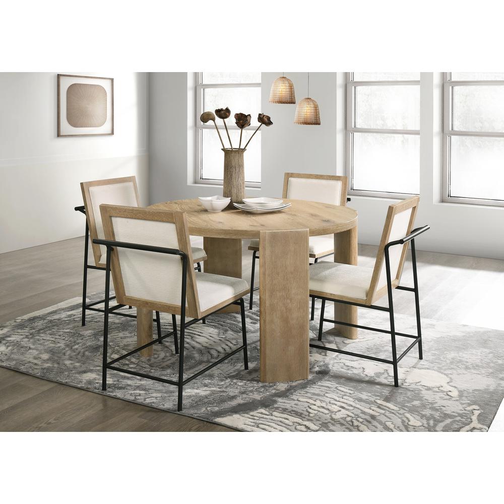 Bowen Oak Finish 47″ Round Dining Table Set with Cream Color Upholstered Chairs