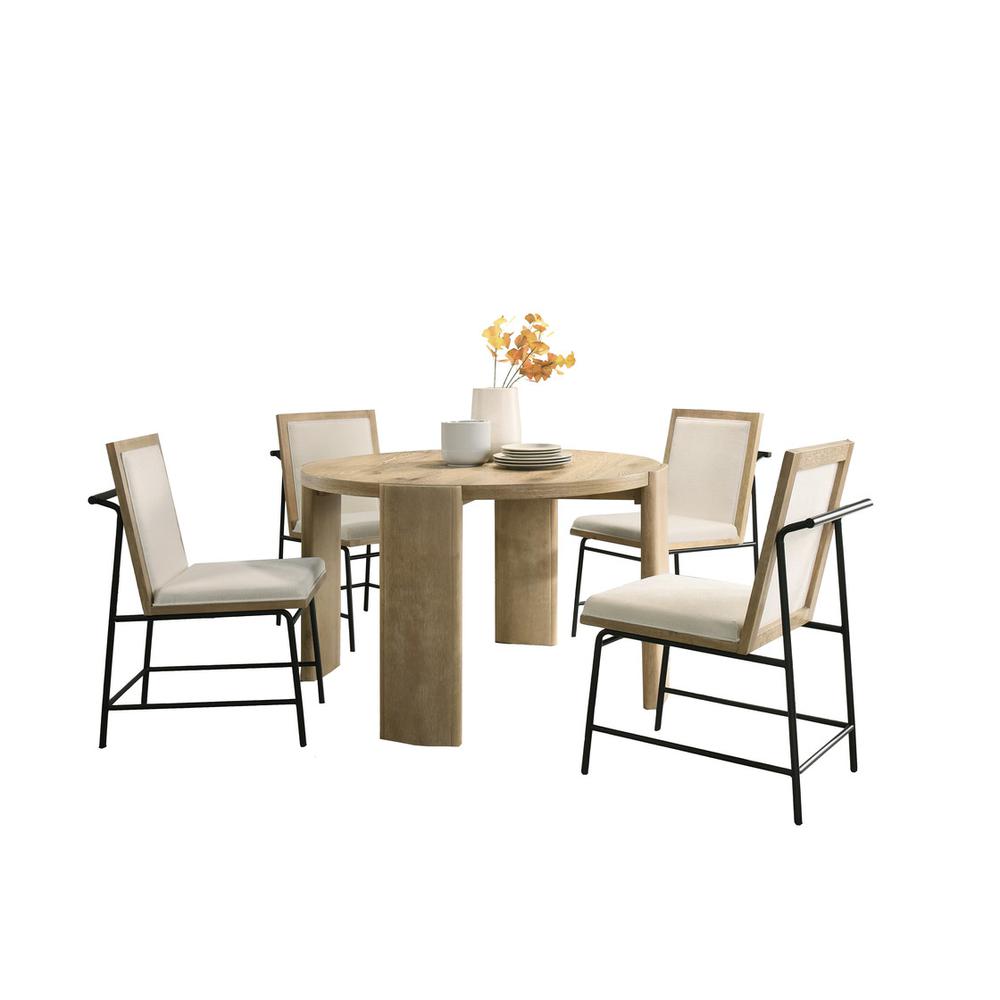Bowen Oak Finish 47″ Round Dining Table Set with Cream Color Upholstered Chairs