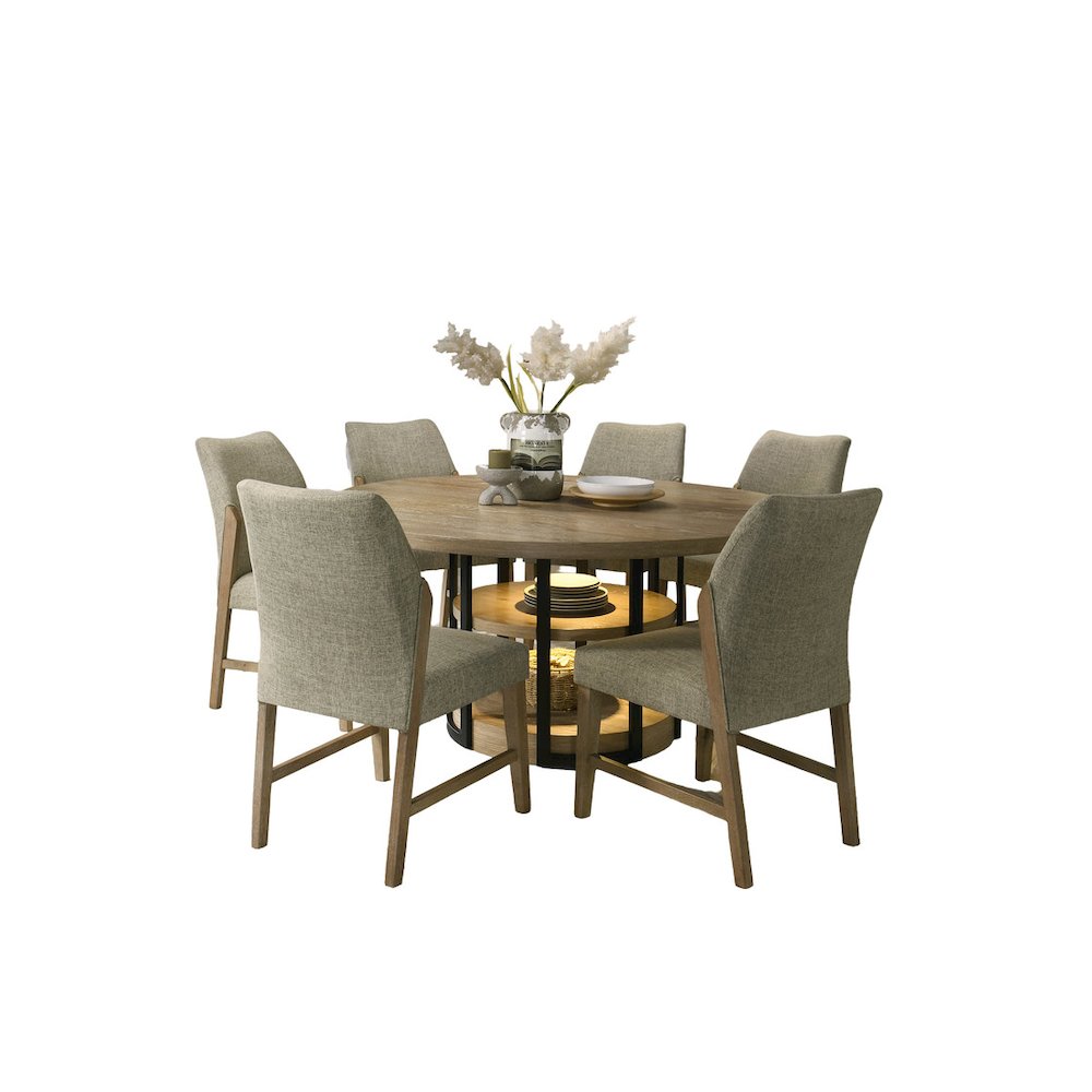 7Pc 59″ Round Rustic Oak Dining Set LED Light