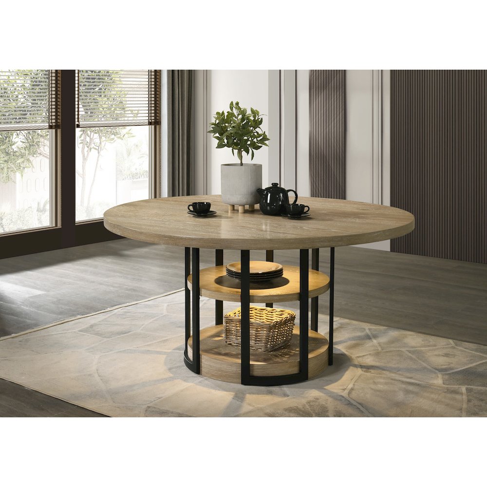 59″ Round Rustic Oak Dining Table with LED Light