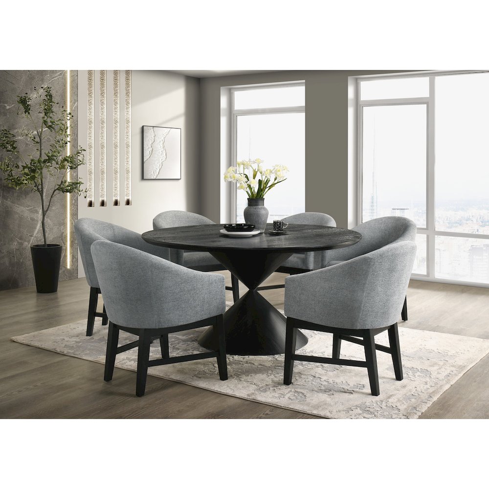 7Pc 59″ Round Ebony Black Pedestal Dining Set with Table Base Barrel Chairs