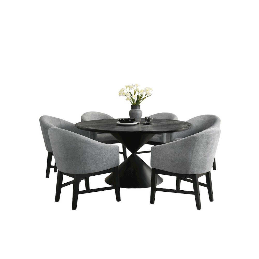 7Pc 59″ Round Ebony Black Pedestal Dining Set with Table Base Barrel Chairs
