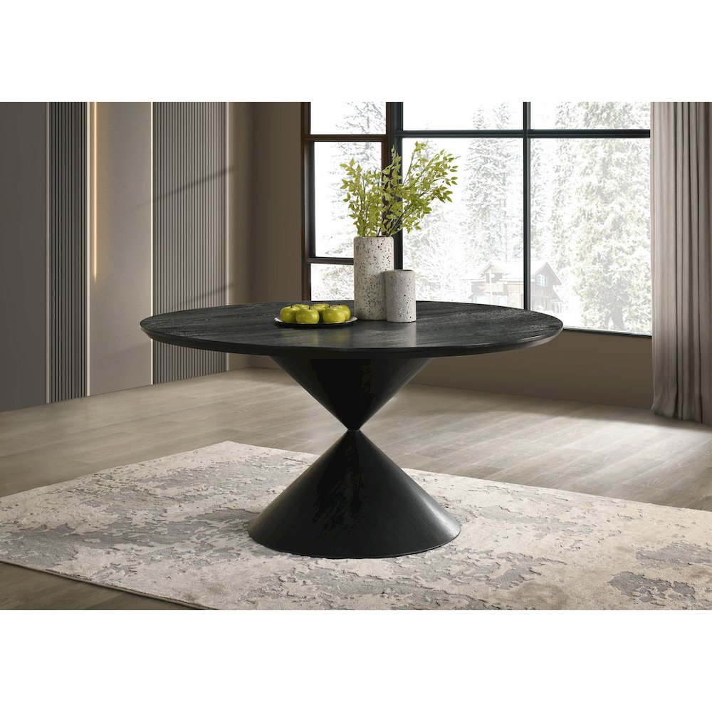 Haven 59″ Round Ebony Black Pedestal Dining Table with Hourglass Base