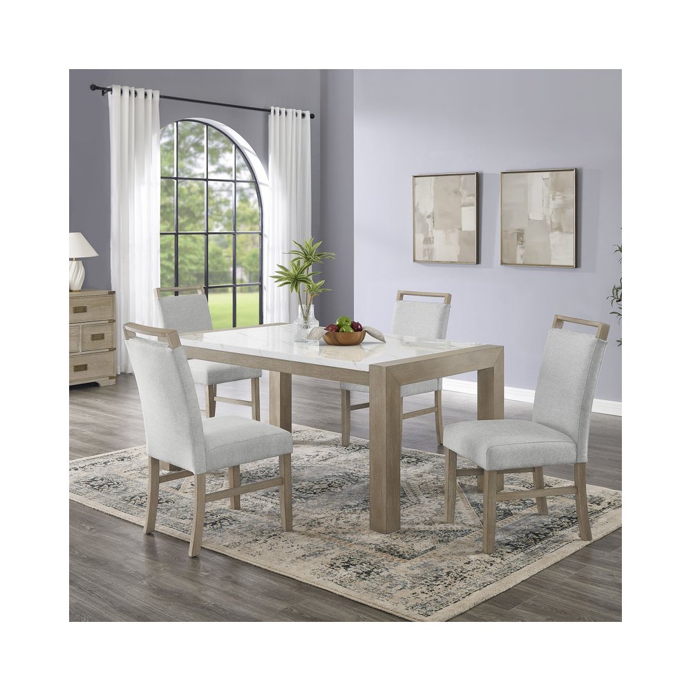 Tabitha 5Pc 66″ Rectangular White Faux Marble Top Dining Set in Light Oak Finish