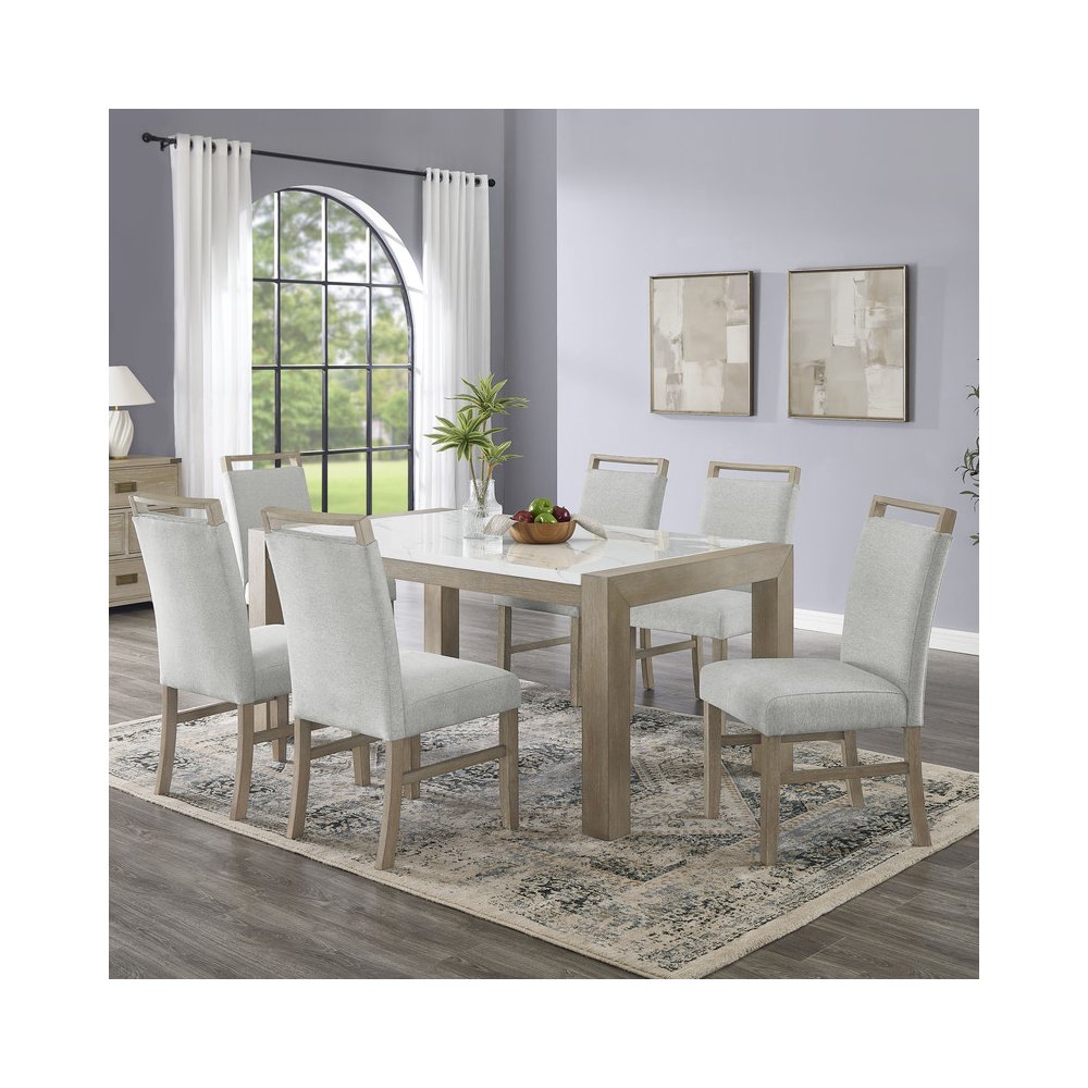 Tabitha 7Pc 66″ Rectangular White Faux Marble Top Dining Set in Light Oak Finish