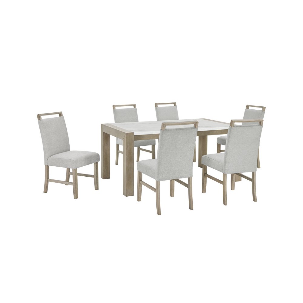 Tabitha 7Pc 66″ Rectangular White Faux Marble Top Dining Set in Light Oak Finish