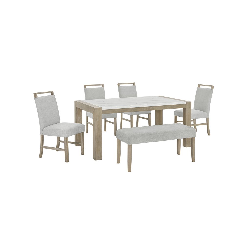 Tabitha 6Pc 66″W Rectangular White Faux Marble Top Dining Set with Bench