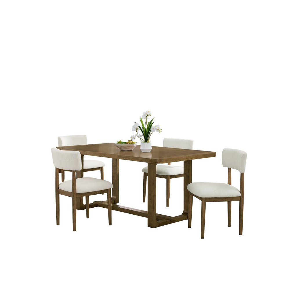 5Pc 72″ Rectangular Walnut Oak Finish Sled Dining Set with Sherpa Fabric Chairs