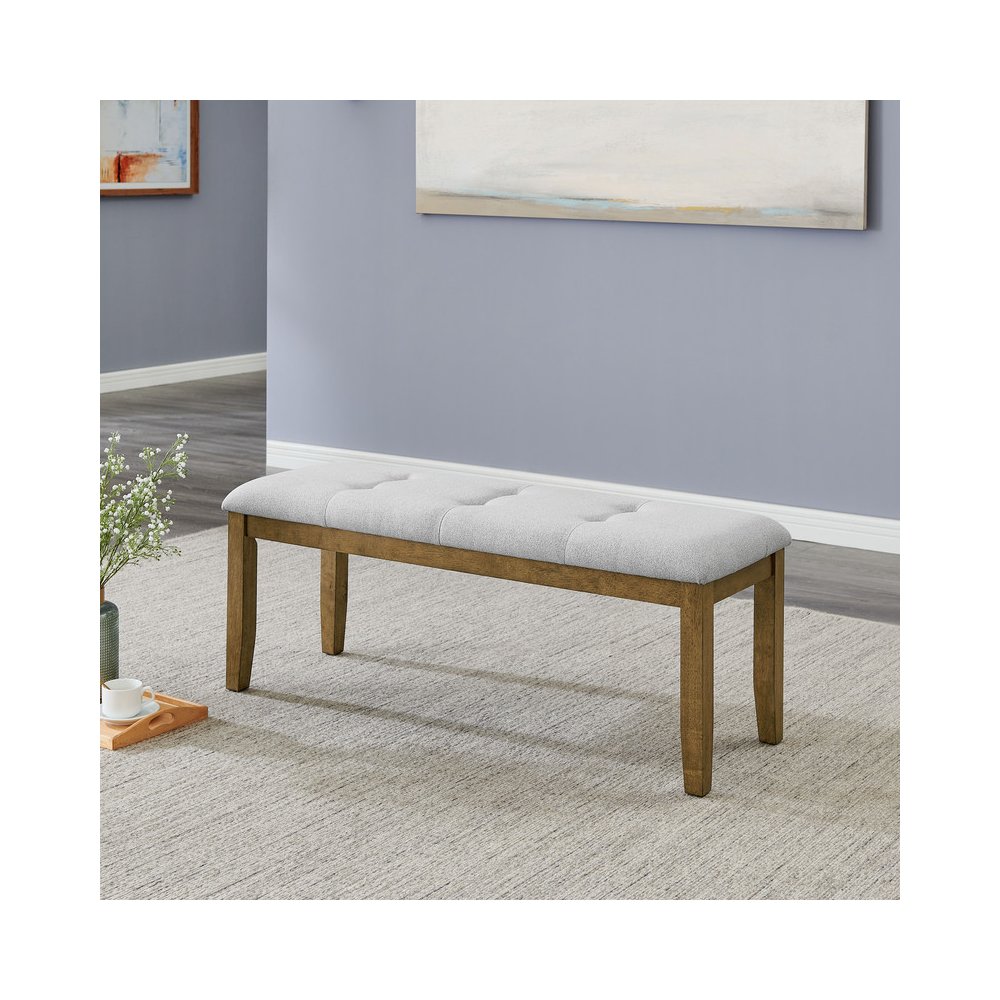 Darla Walnut Oak Dining Bench in Light Gray Fabric with Tufting